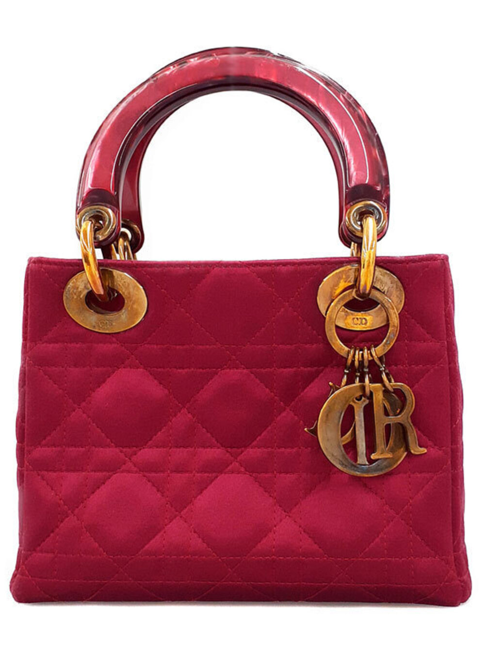Christian Dior rich burgundy red satin Cannage quilted lucidity resin